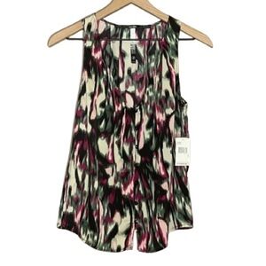 Women's S NWT Kensie Watercolor Print Blouse Buttons Black Green Purple Cream